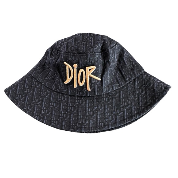 CHRISTIAN DIOR Monogram Embroidered Bucket Hat ONE SIZE Textured Black & Gray - Picture 5 of 9